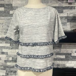Chico's  Size 0 Short Sleeve Textured Gray Blouse With Fringe